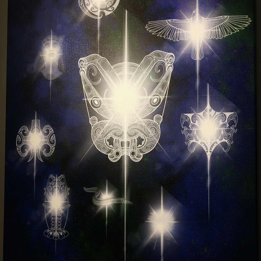 Close-up of Matariki 2024 canvas print showing glowing Māori celestial line-work and canvas texture
